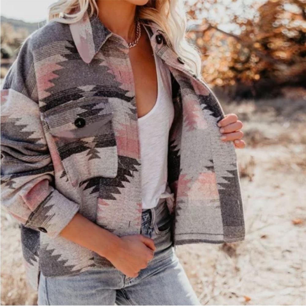 LA MIEL Gray and Pink Patterned Bomber Jacket